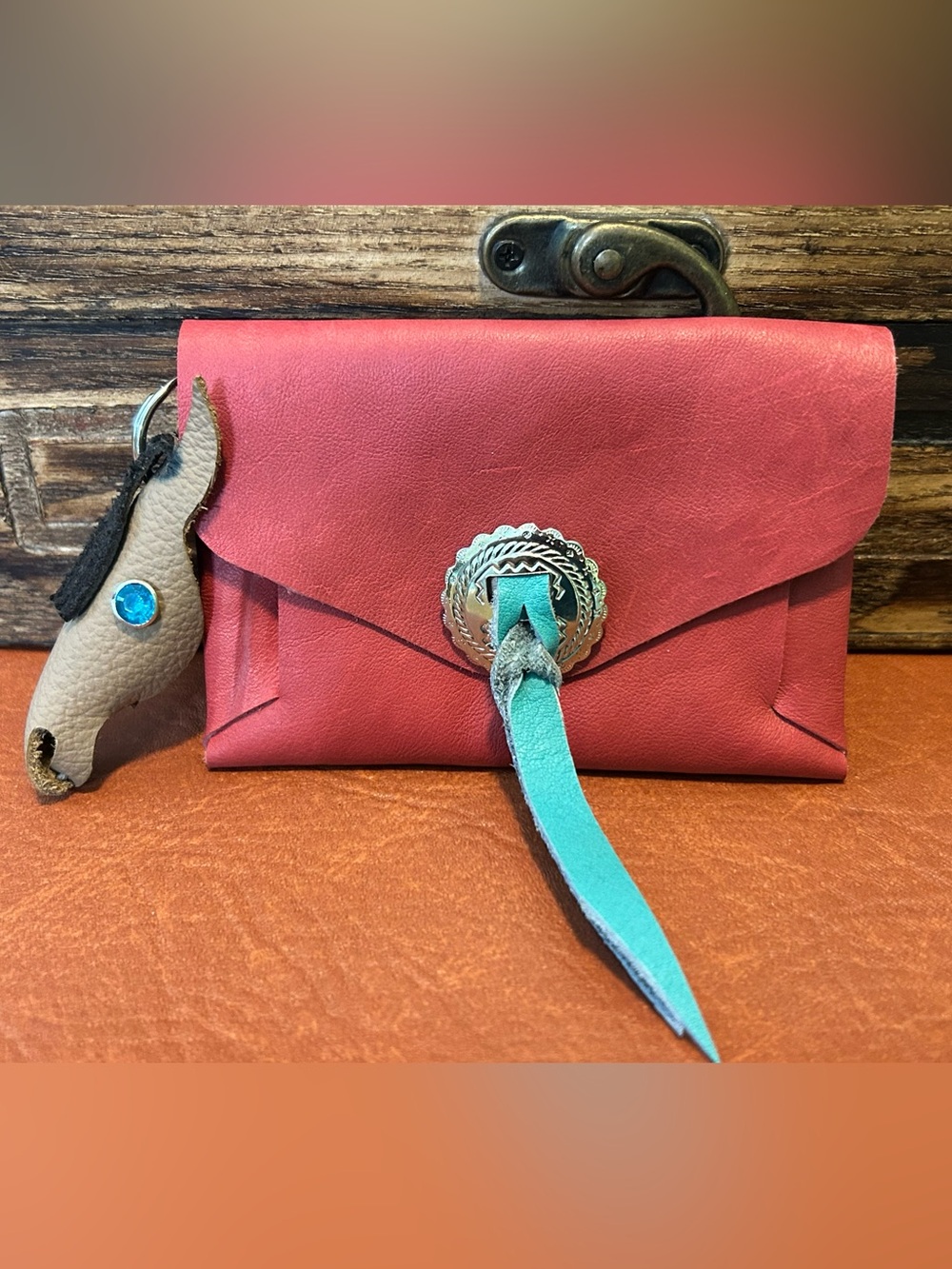 Handmade Red Leather Wallet with Turquoise Suede Tie and Horse Head Key Ring